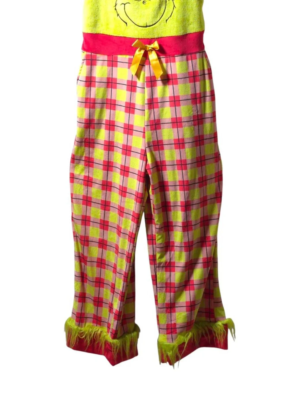 The Grinch Small Christmas Pajama Overalls Plaid Fuzzy Trim Dr Seuss Jumpsuit